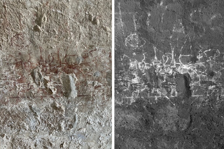 Kolossi Castle wall graffiti, original photograph beside a gray DStretch-enhanced version