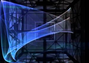 Still from the video After the Quake: a translucent blue light form against a dark scaffold-like structure