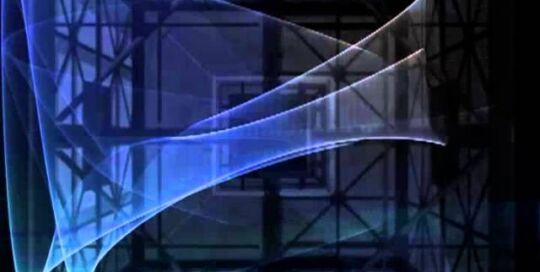 Still from the video After the Quake: a translucent blue light form against a dark scaffold-like structure
