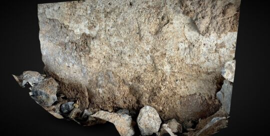 3D model of a plastered wall fragment above a pile of fallen stones, from the Apostolos Andreas Chapel, Cyprus