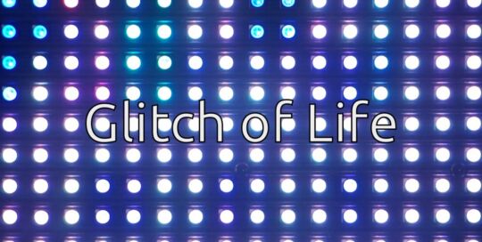 Still from the video Glitch of Life: a grid of glowing LED dots with the title Glitch of Life