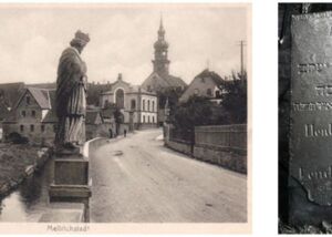 Historic postcard of Mellrichstadt and a gravestone from the Jewish cemetery