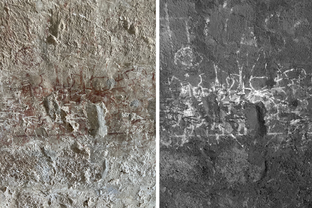 Faint graffiti on an inner wall of Kolossi Castle, Cyprus, enhanced with DStretch